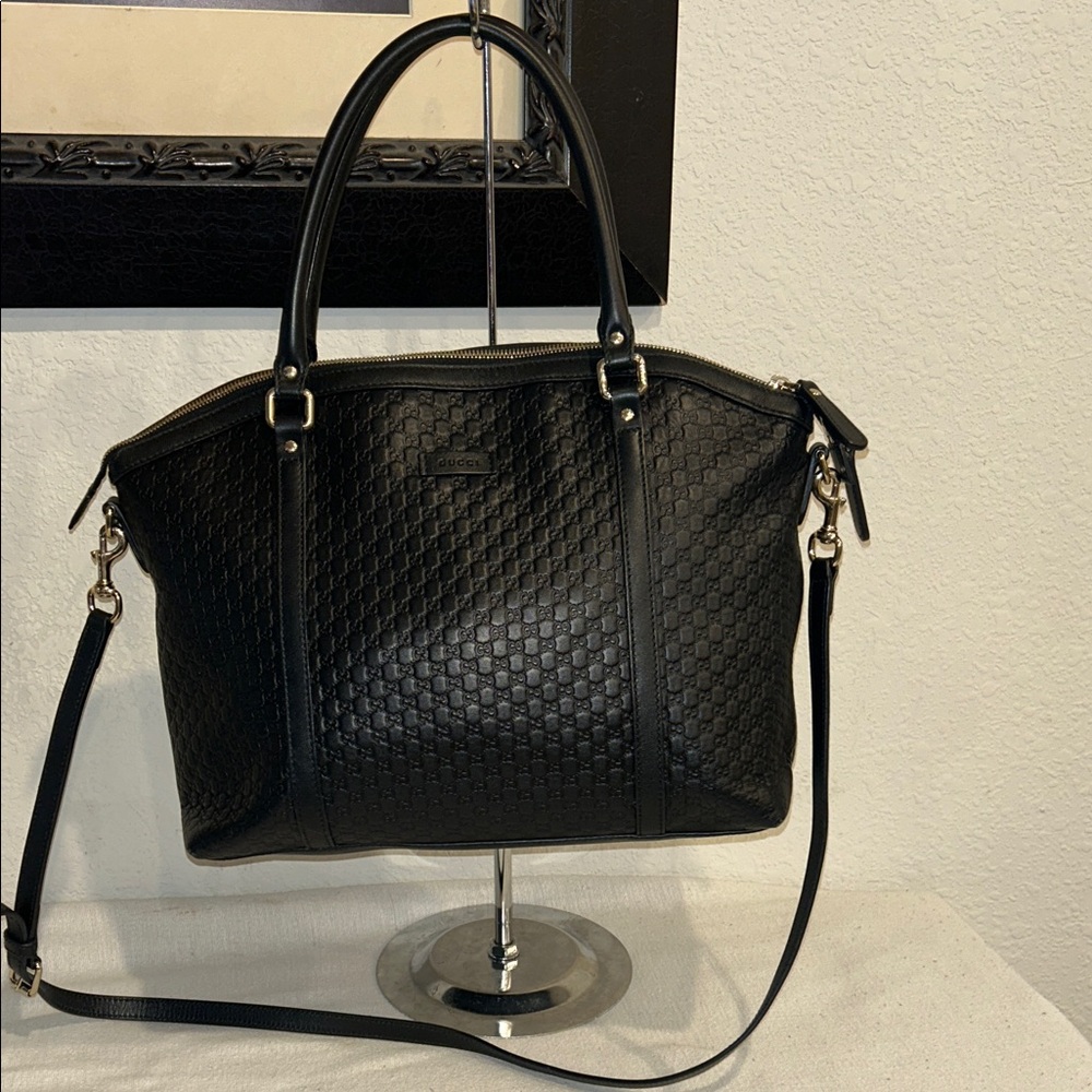 Gucci Microguccissima 2way Shoulder Tote Bag Black Leather Handbag +COA - Picture 1 of 17